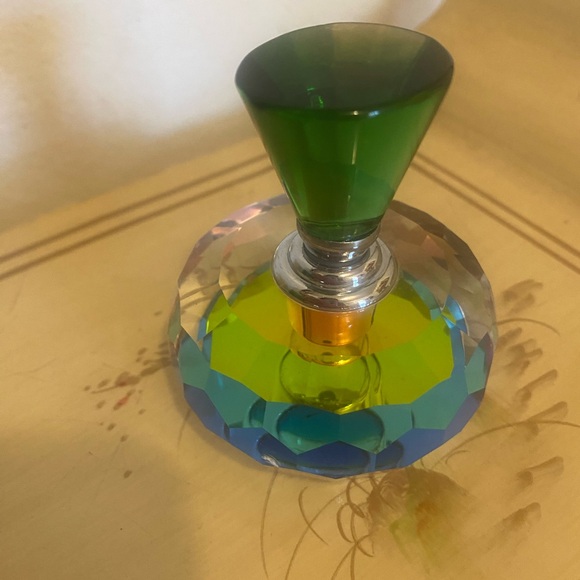 Perfume Glass Bottle Round Rainbow Geometric Prism w/ Green Stopper Vintage - Picture 2 of 12